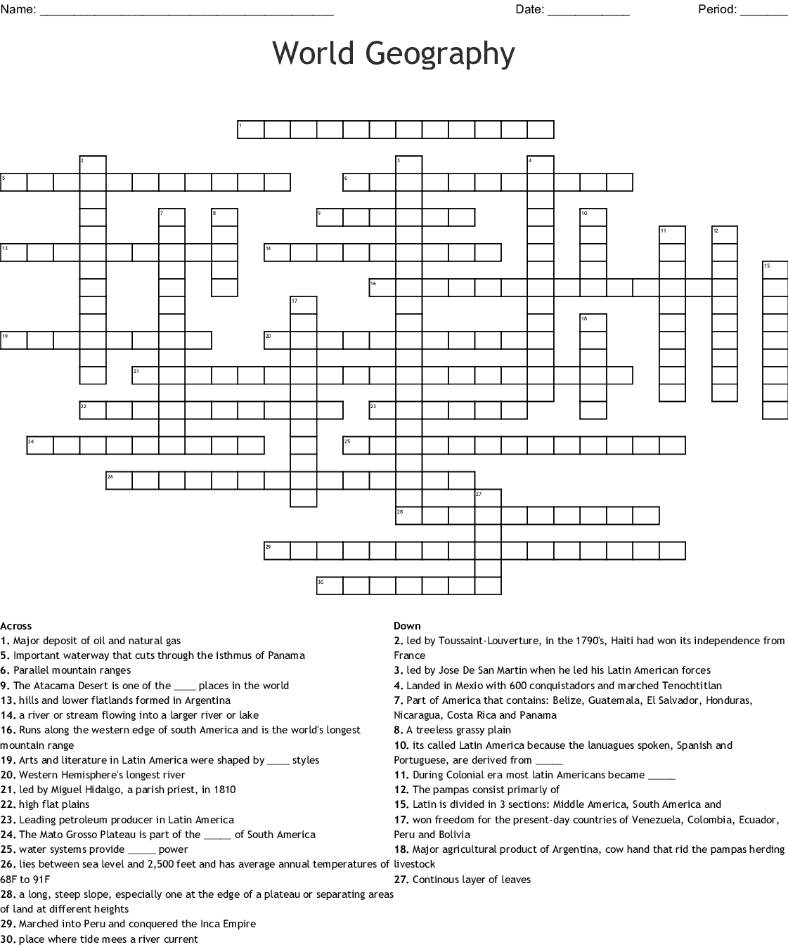 World Geography Crossword Puzzle Printable