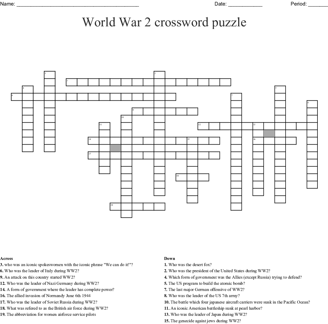 World War 2 Crossword Puzzles Printable